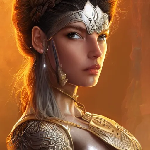 Image similar to A head and shoulders portrait of a mystical female warrior in shiny armorm in an enchanted zen garden, by Artgerm, sci-fi, fantasy, intricate, very very beautiful, elegant, highly detailed, digital painting, artstation, concept art, smooth, sharp focus, Cinematic Lighting, Unreal Engine, 8k, HD