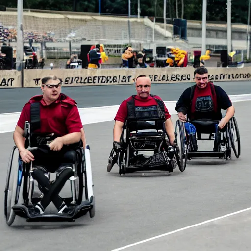 Prompt: men in khaki on wheelchairs with turbo engines compete on a race track