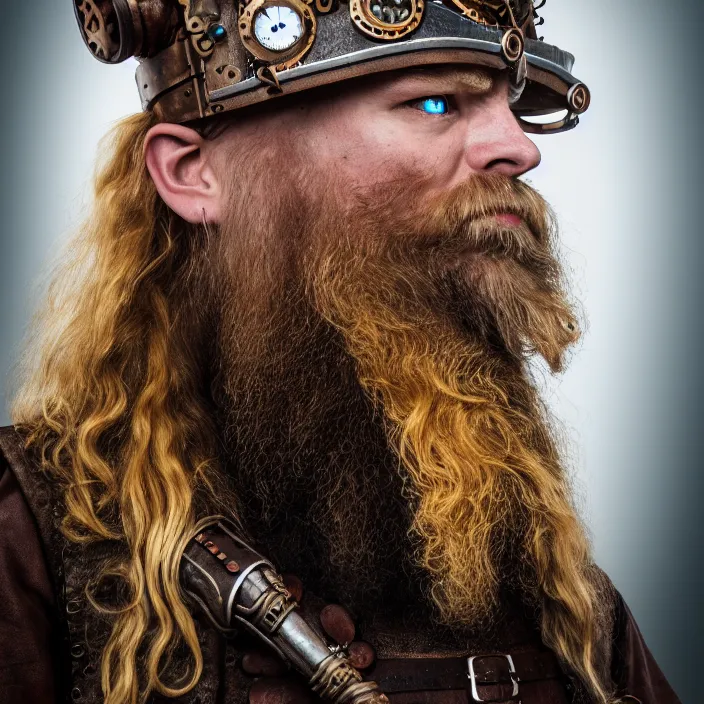 Image similar to full shot photograph of a real-life steampunk viking, Extremely detailed. 8k