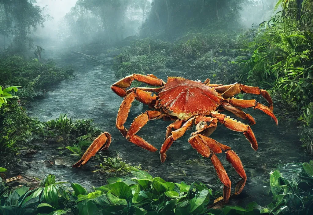 Image similar to an giant crab king emerging from the waters, in a jungle, ominous light from above, ambient light, fog, river, very poetic