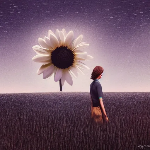 Image similar to giant daisy flower as a head, girl walking in wheat field, hills, surreal photography, moon light, dark night, star trails, dramatic light, impressionist painting, clouds, digital painting, artstation, simon stalenhag