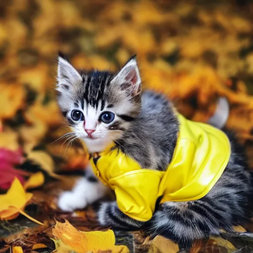Prompt: a cute kitten wearing a yellow raincoat and yellow boots waiting in the rain for the school bus on the first day of kindergarten, with colorful fall leaves