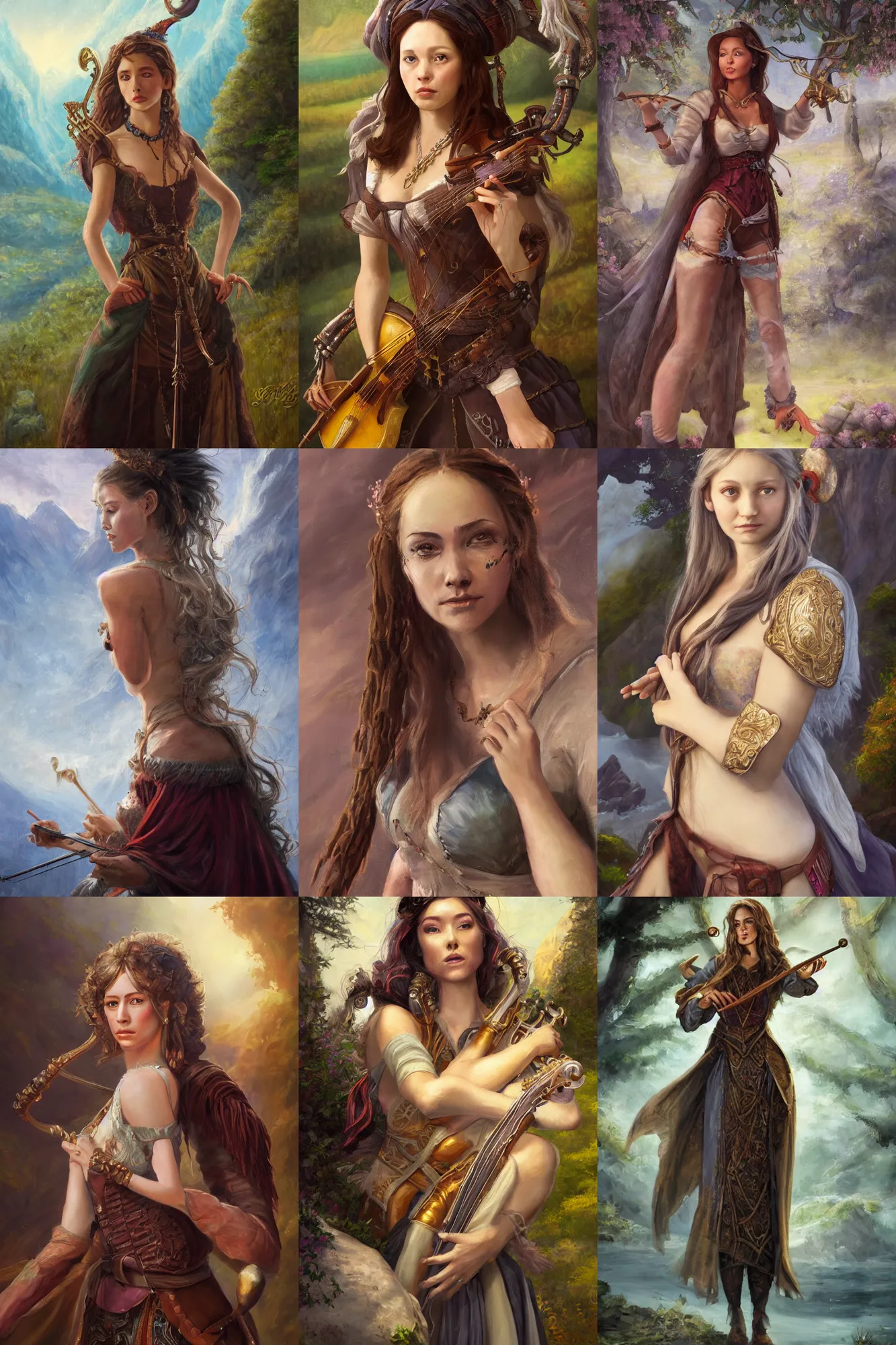 Image similar to a full body high detail fantasy portrait oil painting illustration of a single beautiful sophisticated bard woman by justin sweet with face and body clearly visible, in a scenic background, pupils visible, realistic proportions, d & d, rpg, forgotten realms, artstation trending, high quality, sombre mood, artstation trending, muted colours, entire person visible!