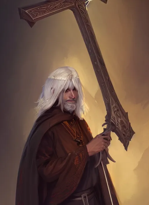 Prompt: a highly detailed illustration of white haired african priest wearing white robe, wielding bloody cross, gothic church background, intricate, elegant, highly detailed, centered, digital painting, artstation, concept art, smooth, sharp focus, league of legends concept art, wlop