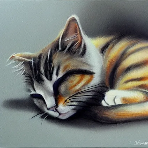 Prompt: realistic painting of a cat sleeping on a sidewalk at midnight photography highly detailed trending on art station