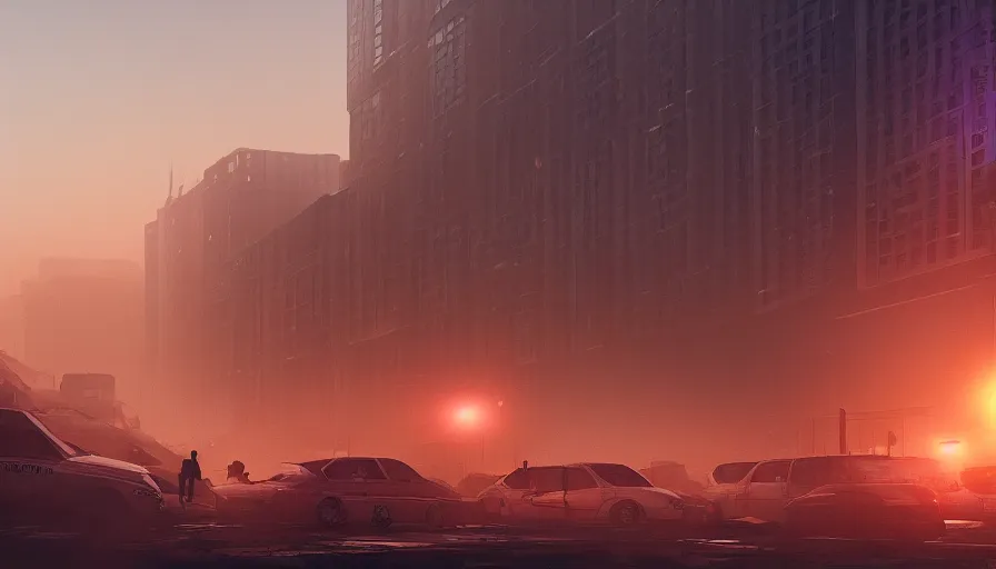 Image similar to damaged los angeles at sunset, light between the buildings, people fleeing the streets, ambulance and police cars in the streets, smoke fog, desolation, hyperdetailed, artstation, cgsociety, 8 k