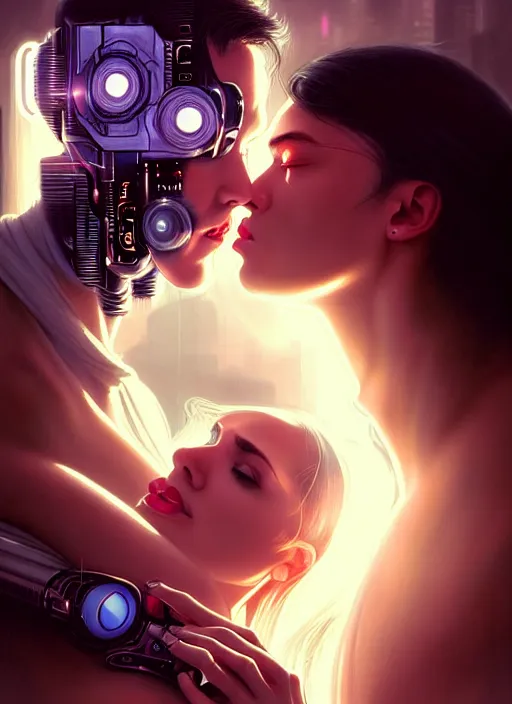 Prompt: ultra realistic medium shot of a beautiful couple of cyborgs lovers, a passionate kiss, cyberpunk, sci - fi, fantasy, kodak, flare, colour led, soft light, volumetric lighting, night, intricate, highly detailed, digital painting, concept art, smooth, sharp focus, illustration, art by artgerm and greg rutkowski and alphonse mucha