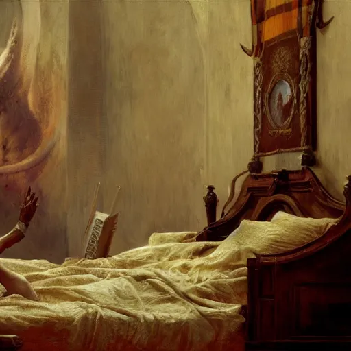 Image similar to the catholic pope in his bed, scared, because a horned demon is attacking the pope. highly detailed painting by gaston bussiere, greg rutkowski, craig mullins 8 k