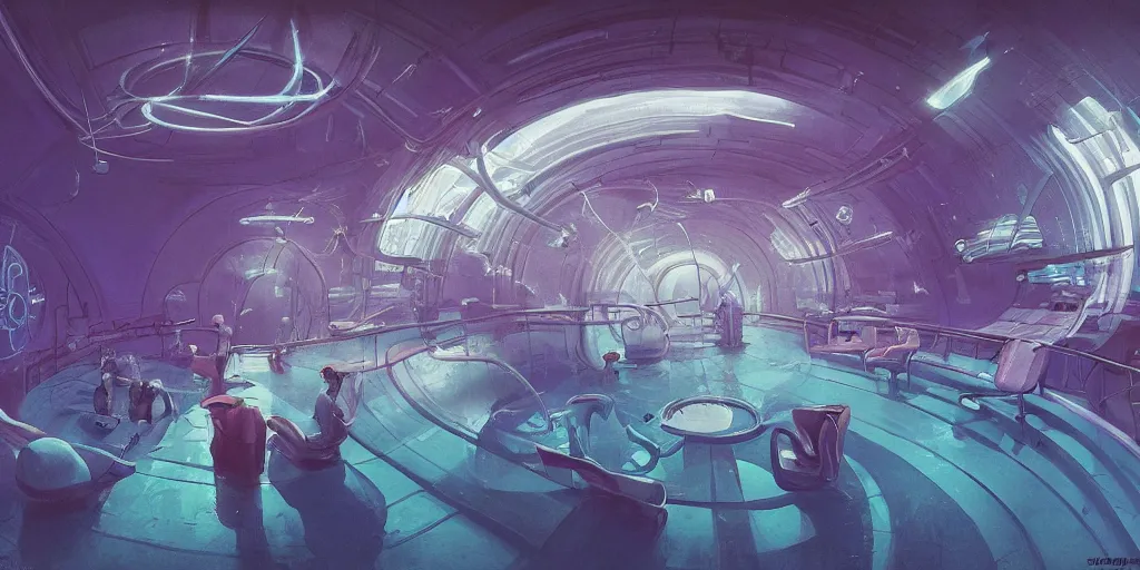 Image similar to undersea laboratory interior with organic circular windows, figures, soft neon lights, bright colors, cinematic, cyberpunk, smooth, chrome, lofi, nebula, calming, dramatic, fantasy, by Moebius, by zdzisław beksiński, fantasy LUT, studio ghibli, high contrast, epic composition, sci-fi, dreamlike, surreal, angelic, 8k, unreal engine, hyper realistic, fantasy concept art, XF IQ4, 150MP, 50mm, F1.4, ISO 200, 1/160s, natural light, Adobe Lightroom, photolab, Affinity Photo, PhotoDirector 365