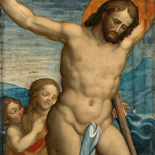 Prompt: jesus on his cross with a snorkel swimming in a pool with water up to his waist in the michel angelo style