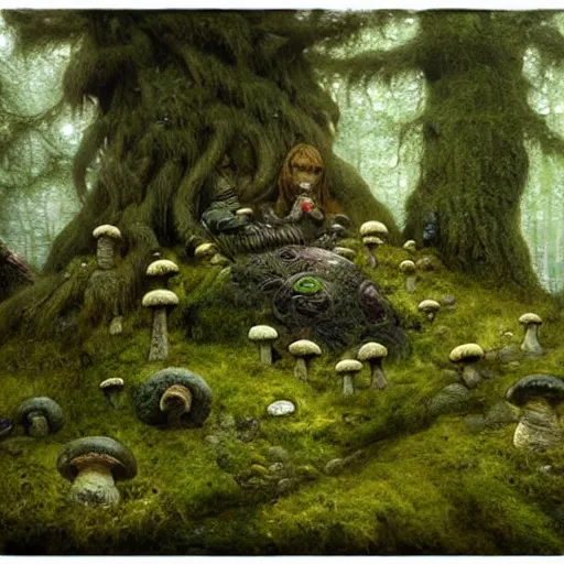 Image similar to moss - clad troll stone, mushrooms, mysterious forest, epic, fantasy, intricate, hyper detailed, artstation, concept art, smooth, painting by john bauer