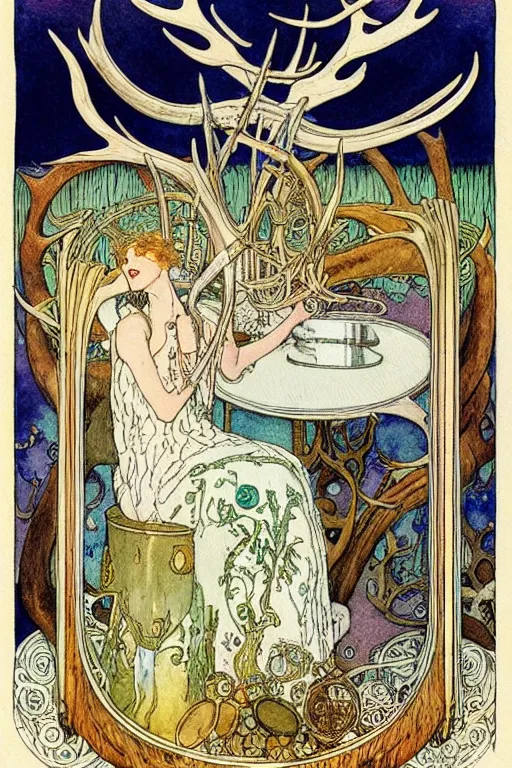 Prompt: a frothy wooden tankard of ale in the center of a frame made of antlers and coins, art by kay nielsen and walter crane, illustration style, watercolor