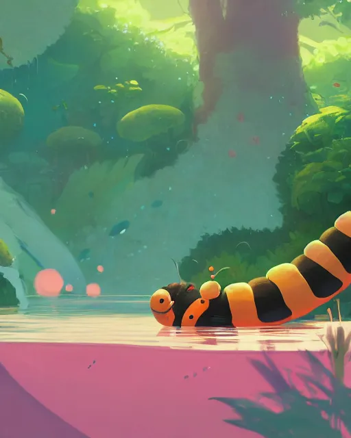 Image similar to a giant caterpillar taking a bath in a spring with lush vegetation around, cory loftis, james gilleard, atey ghailan, makoto shinkai, goro fujita, character art, rim light, exquisite lighting, clear focus, very coherent, plain background, soft painting