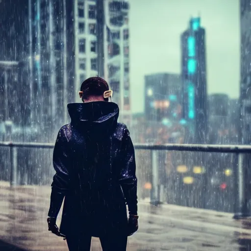 Prompt: dark future cyberpunk steampunk city woman wearing headphones short hair funky haircut wearing a hoodie with a rainy city in the background cloudy sky