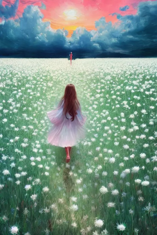 Image similar to giant white daisy flower veil, girl walking in a flower field, surreal photography, sunrise, dramatic light, impressionist painting, colorful clouds, digital painting, artstation, simon stalenhag