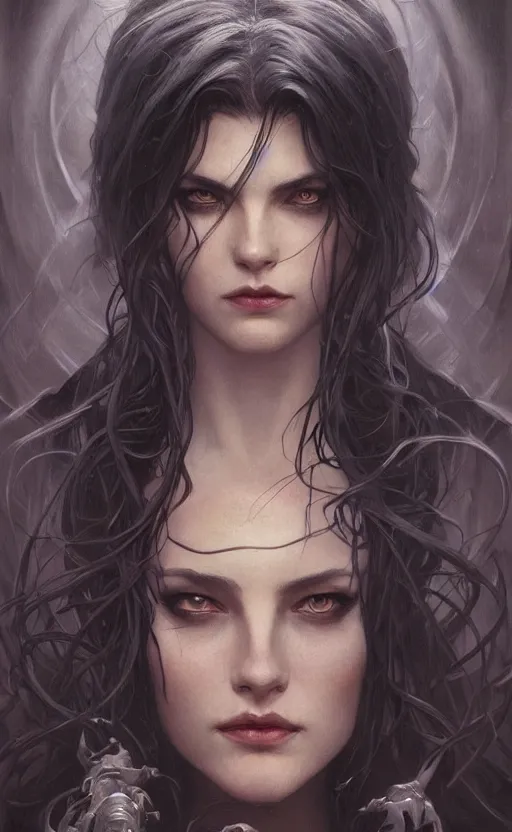 Image similar to portrait of a dark witch, confident, menacing, mysterious, intricate, headshot, highly detailed, digital painting, artstation, concept art, sharp focus, cinematic lighting, illustration, art by artgerm and greg rutkowski, alphonse mucha, cgsociety