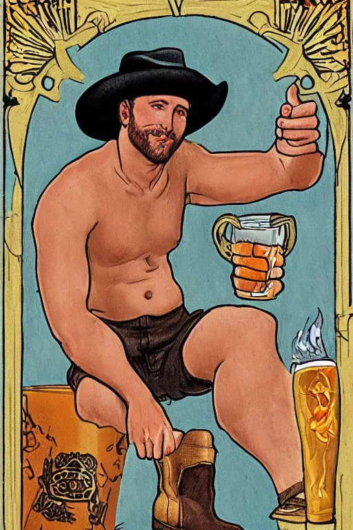 Prompt: a beautiful tarot card of a handsome shirtless cowboy wearing cowboy hat and boots with a chunky build and beer belly next to a campfire, homoerotic, art deco, art nouveau, by Walter Crane, by Mark Maggiori, trending on artstation