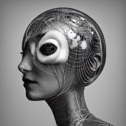 Image similar to closeup portrait of an absurdly beautiful, graceful, sophisticated, fashionable cyberpunk mechanoid gravure idol, an ultrafine hyperdetailed illustration by irakli nadar, matt wisniewski style, fashion photography, intricate linework, porcelain skin, jellyfish headdress, unreal engine 5 highly rendered, global illumination, radiant light, detailed and intricate environment