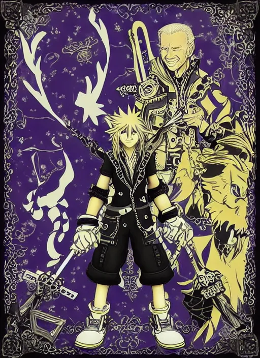 Image similar to joe biden as a kingdom hearts keyblade villain, official square enix hand painted inked artwork, intricate design, high definition, delicate patterned, fantasy, fashionable rpg clothing