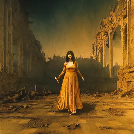 Image similar to a portrait of a young woman wearing a long dark cloak, performing on an various esoteric looking electronic music devices and an enormous modular synthesizer rig amidst the ruins of deserted and decaying city, oil painting, matte painting, Volumetric Golden dappled dynamic lighting, Highly Detailed, Cinematic Lighting, Unreal Engine, 8k, HD, by Beksinski