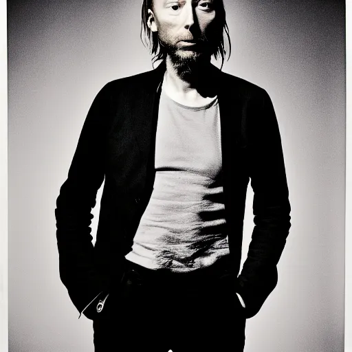 Image similar to Thom Yorke, a man with a beard and a black jacket, a portrait by John E. Berninger, dribble, neo-expressionism, uhd image, studio portrait, 1990s