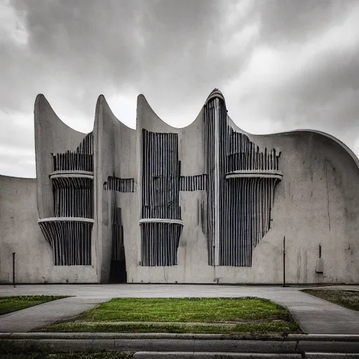 Image similar to a scifi church built in brutalist architecture, wild unique building geometry, combination of sharp and rounded elements, photography