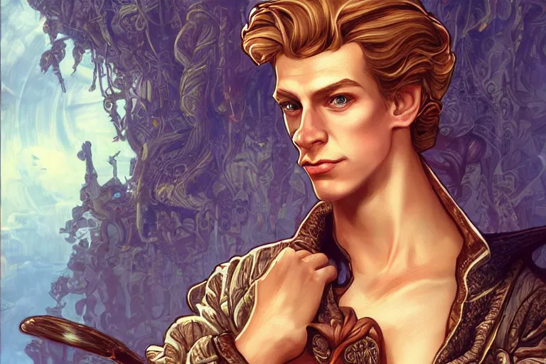 Prompt: Guybrush Threepwood, cute, fantasy, intricate, elegant, highly detailed, digital painting, 4k, HDR, concept art, smooth, sharp focus, illustration, art by artgerm and H R Giger and alphonse mucha