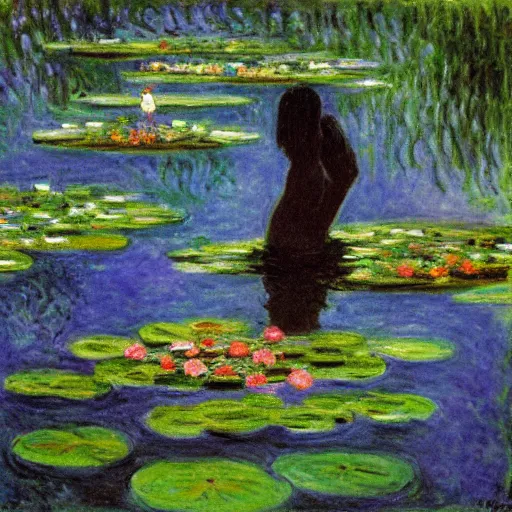 Image similar to a diver diving into a lake with lilypads by claude monet