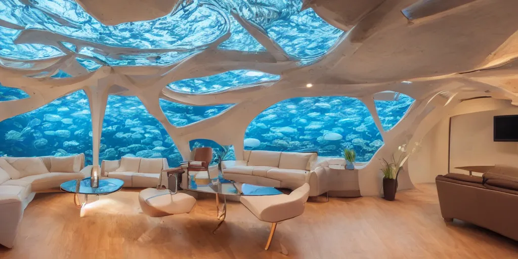 Prompt: interior of an underwater home that is an undersea dome with windows