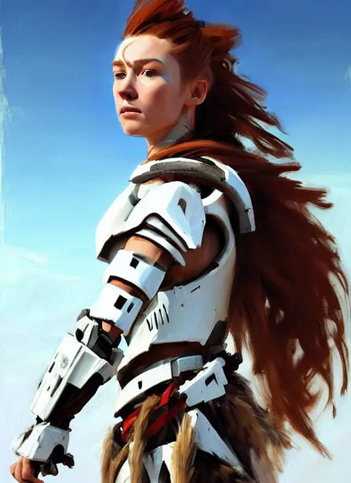 Image similar to portrait of a caucasian Aloy from Horizon Zero Dawn in white clothes Stormtrooper armor, desert, calm, fantasy character portrait, dynamic pose, above view, sunny day, clouds in the sky, artwork by Jeremy Lipkin and Giuseppe Dangelico Pino and Michael Garmash and Rob Rey and Greg Manchess, very coherent asymmetrical artwork, sharp edges, perfect face, simple form, 100mm