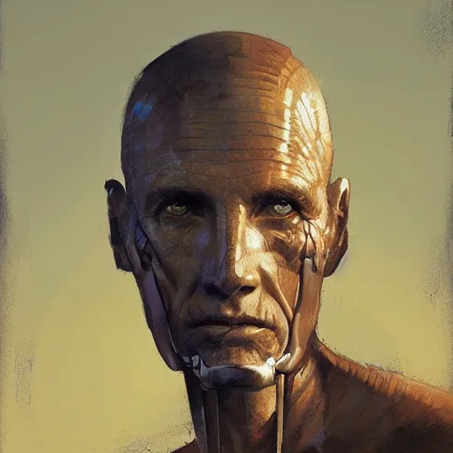 Prompt: a neolithic man, cybernetically enhanced, sci fi character portrait by greg rutkowski, craig mullins