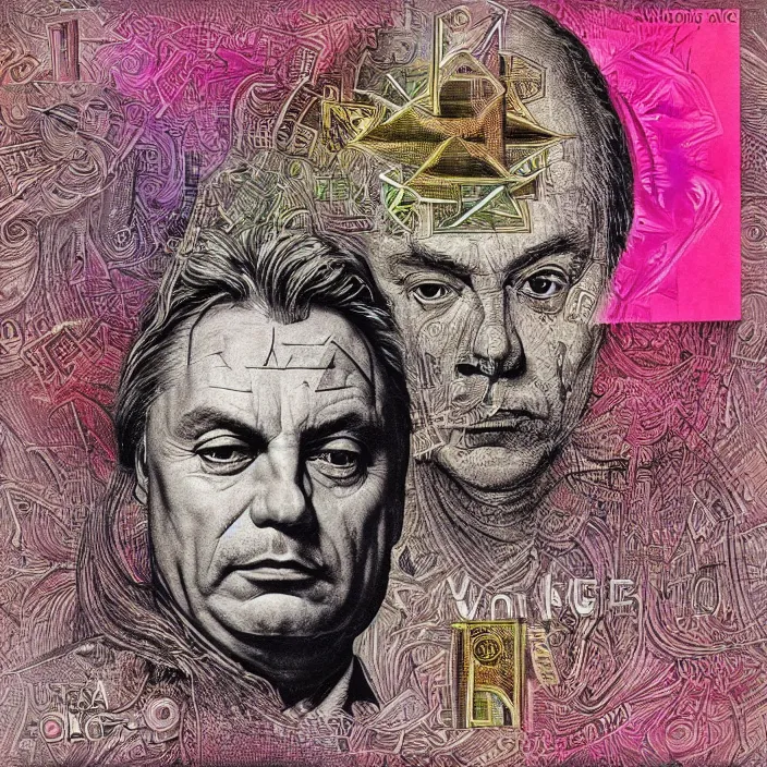 Image similar to new age album cover, asymmetrical design, viktor orban, dollar bank notes, capitalism, magic, psychedelic, black white pink, highly detailed, magic, giger h. r., giuseppe arcimboldo