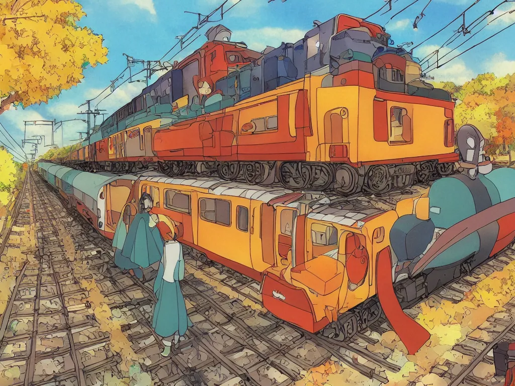 Image similar to longitudinal cut sideview of a anime train, digital art, autumn light, colorful, beautiful, inspired by studio ghibli, inspired by hayao miyazaki, concept art, manga, cute and adorable, illustration