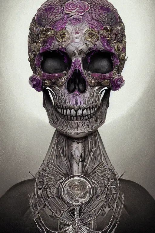 Prompt: portrait of jewel bone-skull oracle physically accurate, moody dynamic lighting, very very intricate, very very elegant, highly detailed, digital painting, artstation, in the style of Rob Lefield and Dan Mumford , trending on artstation, digital art,surrealism ,macro,blueprint ,vaporwave ,