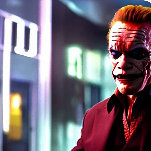 Prompt: awe inspiring Arnold Schwarzenegger as The Joker 8k hdr movie still dynamic colorful lighting