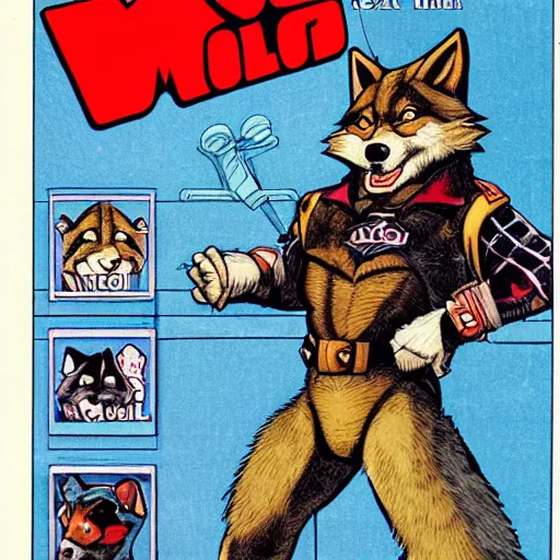 Image similar to 1 9 8 0 s cover scan of a comic featuring a portrait of male wolf o'donnell anthropomorphic wolf furry fursona from starfox wearing an intimidating mercenary uniform, fluffy eyebrows, dark grey wolf, wolf o'donnell, magazine scan, 1 9 8 0 s artwork scan