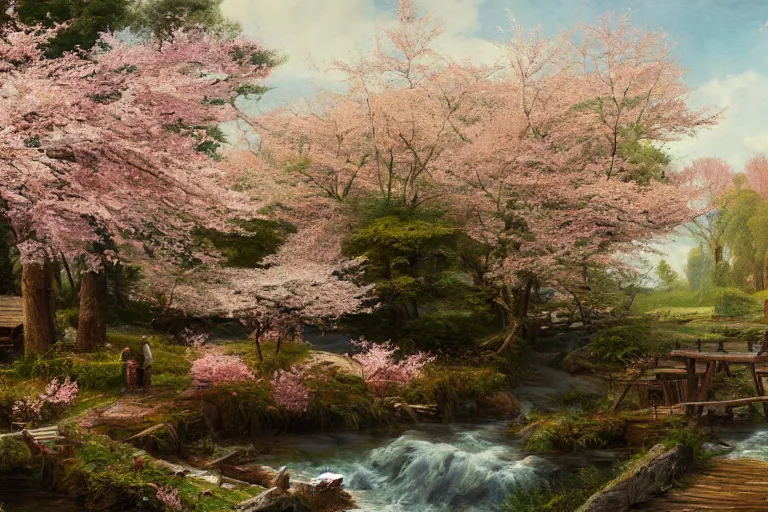 Image similar to A beautiful painting of an improvised wooden village stacked and nestled among cherry blossom trees over a babbling creek, painted by ivan shishkin and arkhip kuindji, trending on artstation, matte painting