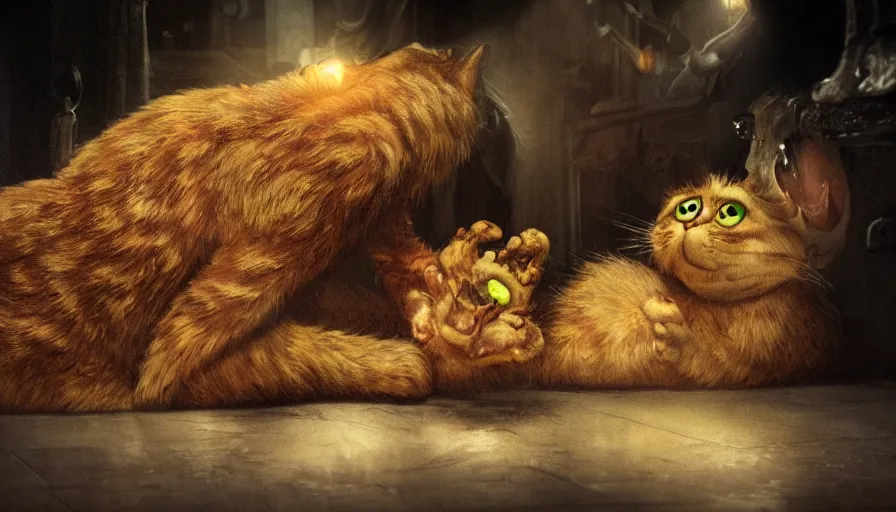 Prompt: garfield the cat as an eldritch monster, body horror, cinematic lighting, dark aesthetic