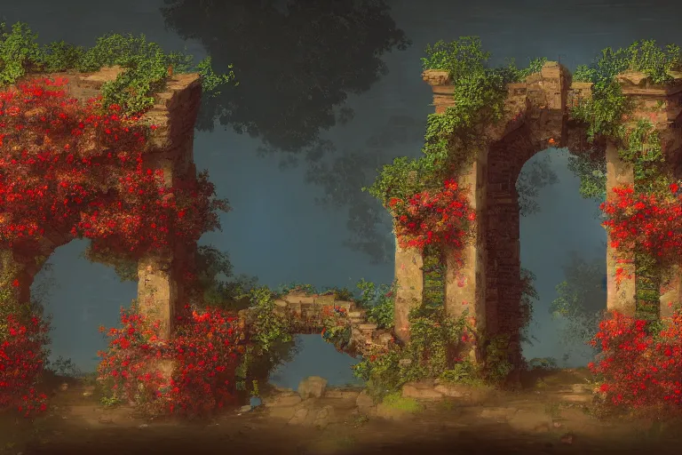 Prompt: broken arches leading to the pillars of eternity draped with red flowers and vines, blue sky, lens flare, ultra detailed, intricate, sharp focus, 8K, pixelart by Rembrandt, trending on artstation