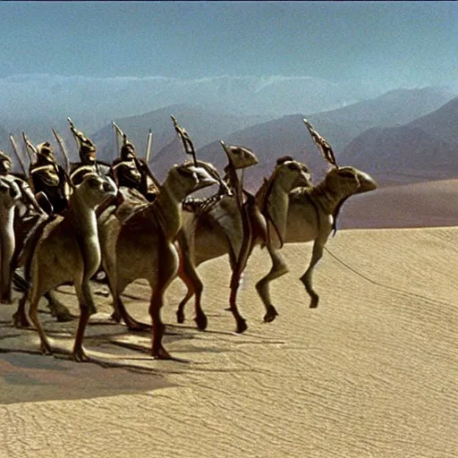 Image similar to still from lord of the rings showing the ride of the rohirrim, riding toward minas tirith on camels