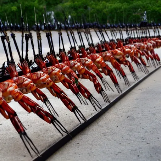 Image similar to cooked shrimp marching in formation, with bayonets, army uniforms