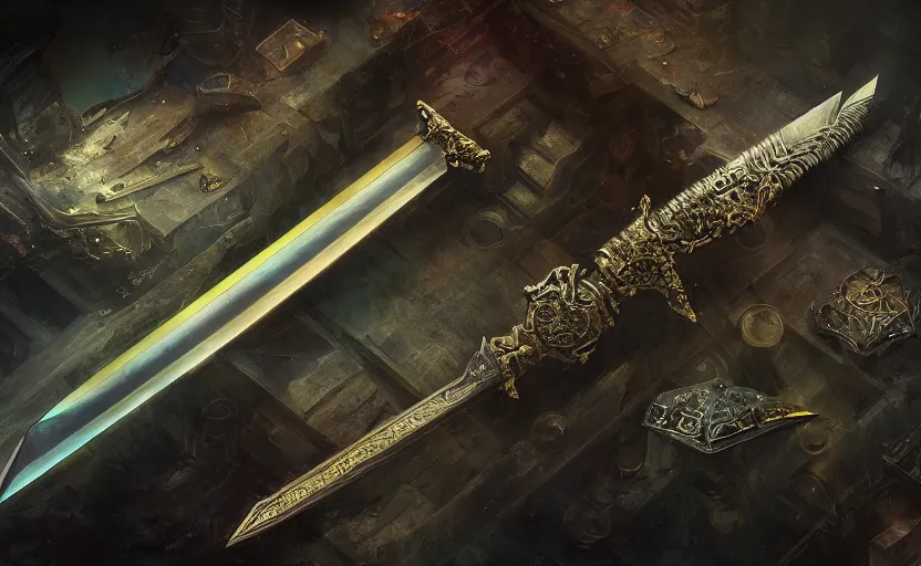 Image similar to legendary sword of cybernetic technology lying flat on a glowing table, digital award winning hd matte painting, intimate dark moody, intricate, long sharp black and iridescent blade, ornate spikes, colorful hilt, detailed realistic, raytraced blade, colored gems, golden pommel, in the style of greg rutkowski and krenz cushart, deviantart