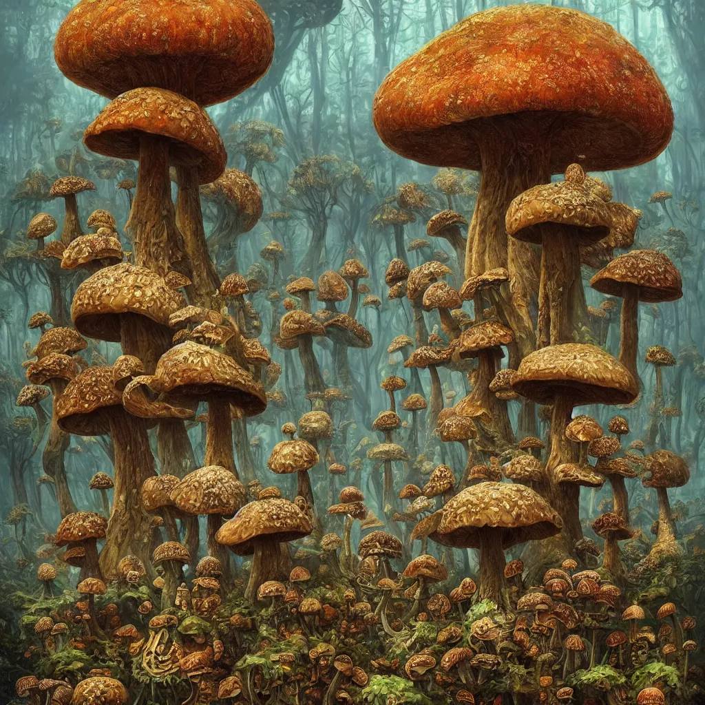 Prompt: the big mushroom, a beautiful hyper realistic detailed concept art of a fractal eldritch and fascinating mushroom forest with morels at foreground and amanitas and puffballs and psilocybes and reishi and spores on several floors by andreas rocha and john howe and dan mumford and albert bierstadt, nausicaa, ultrawide angle, artstation, pinterest