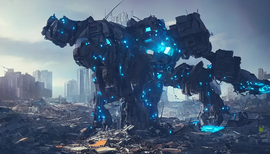 Prompt: Giant robot with a blue lighted swird standing in the middle of a completely destroyed city, hyperdetailed, artstation, cgsociety, 8k