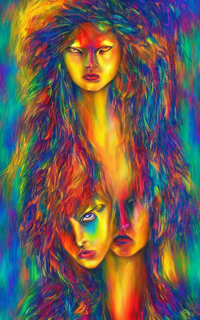 Image similar to iridescent spirit of desire and fear cruel beautiful spirit (androgynous) with golden eyes, award winning oil painting, chromatic aberration