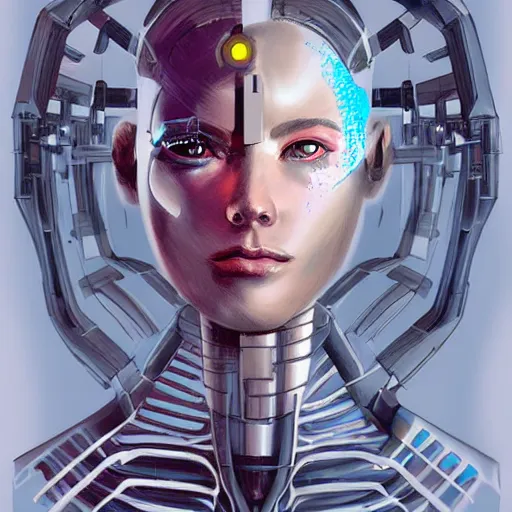 Prompt: concept art of half human half cyborg girl, illustration, art by chris metzner.