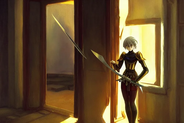 Prompt: anime key visual of young female fantasy knight, shoulder length brown hair shining detailed platinum and gold armor, wielding two daggers, standing in the doorway of an ancient monastery, style of jamie wyeth james gilleard edward hopper greg rutkowski acrylic painting, preserved museum piece, historical