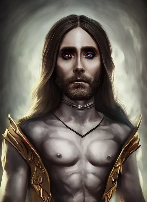 Prompt: A fantasy comic book style portrait painting of Jared Leto as a dark elf, unreal 5, DAZ, hyperrealistic, octane render, RPG portrait, ambient light, dynamic lighting