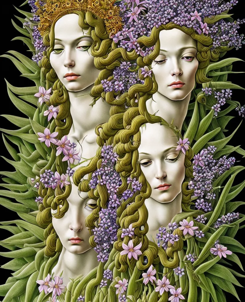 Image similar to the deity of Spring, made entirely out of flora and fauna, in a style combining Botticelli, Möbius and Æon Flux, surrealism, stunningly detailed artwork, hyper photorealistic 4K, vivid and perfect colors, very fine inking lines