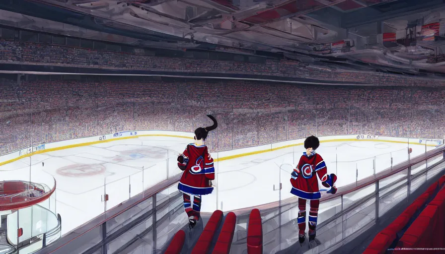 Image similar to Girl admiring habs ice hockey rink from luxurious suite, hyperdetailed, artstation, cgsociety, 8k